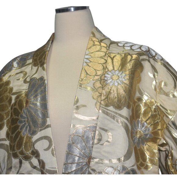 Vintage 50s 60s Gold Silver Metallic Floral Short Kimono Jacket Tokyo XL As Is - Picture 2 of 14